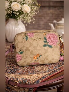 Coach Beige Signature Floral Crossbody with Pink Trim